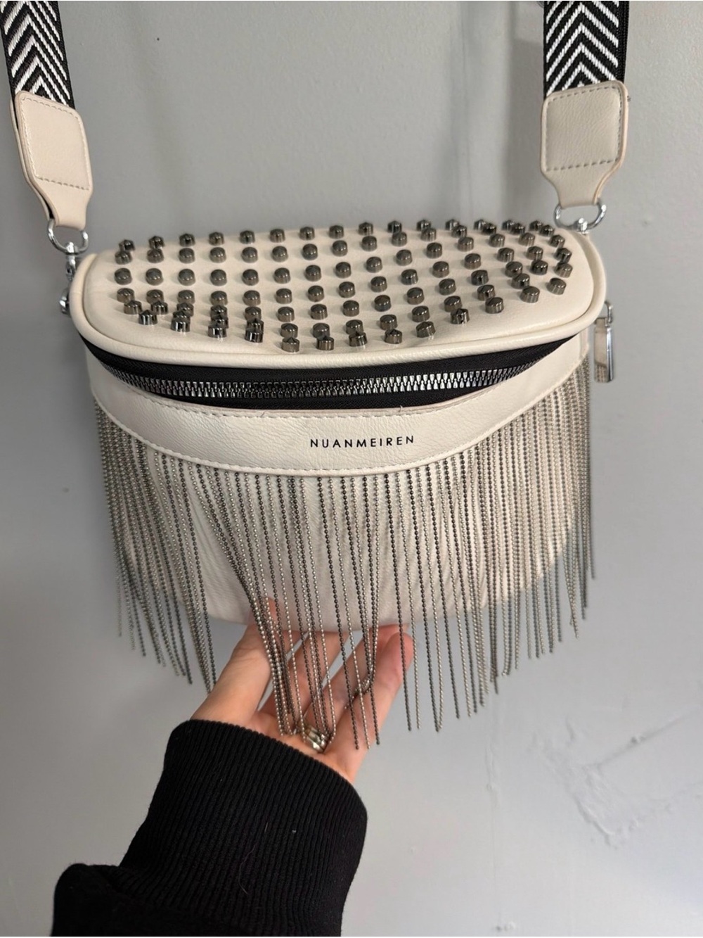 Cream Fringe Crossbody with Studded Top